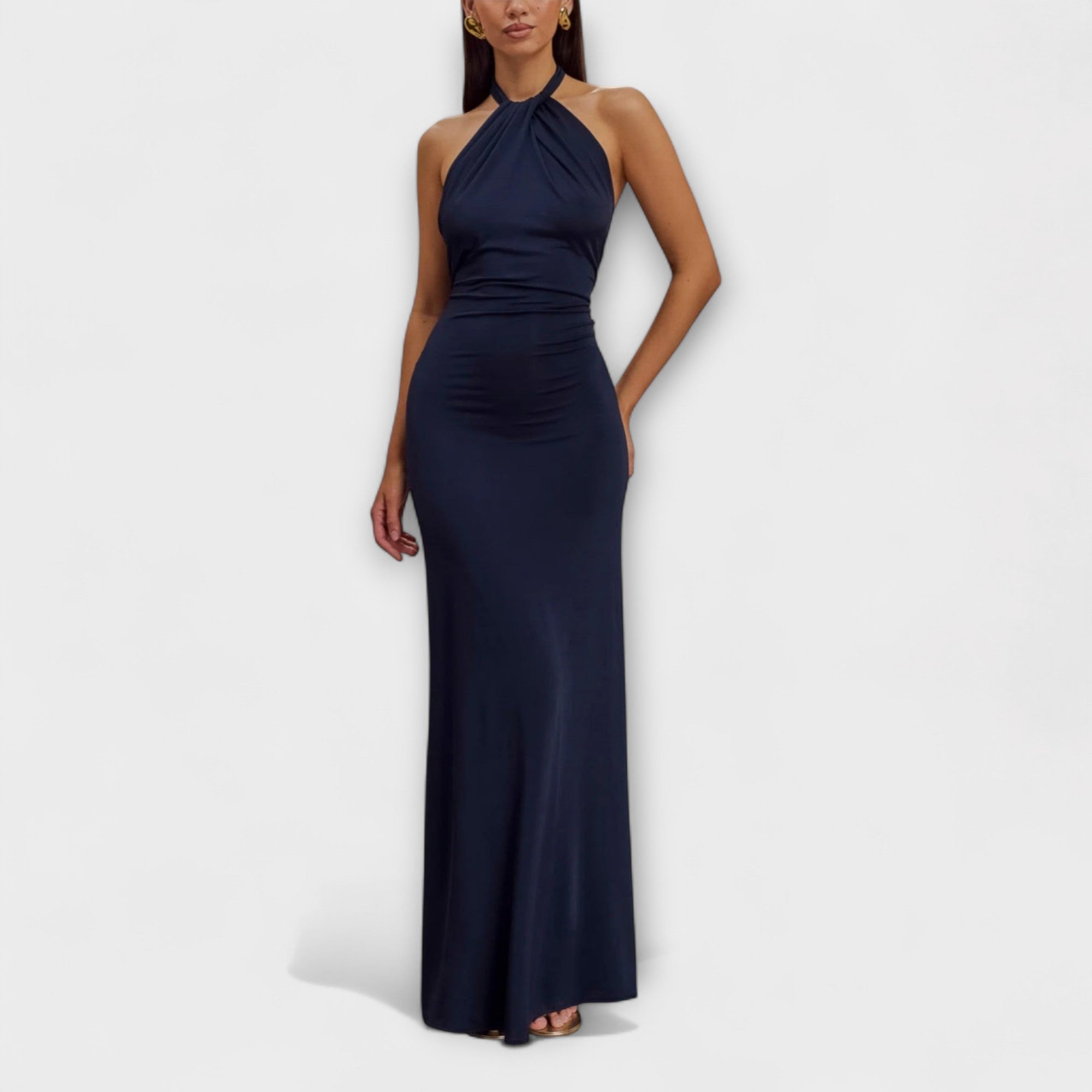 Vestido Longo com Laço no Pescoço e Textura Sedosa
