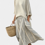 Conjunto Casual Daisy com Blusa Oversized e Saia Midi de Linho de Bambu listrado para um estilo elegante e confortável