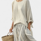 Conjunto Casual Daisy com Blusa Oversized e Saia Midi de Linho de Bambu listrado para um estilo elegante e confortável