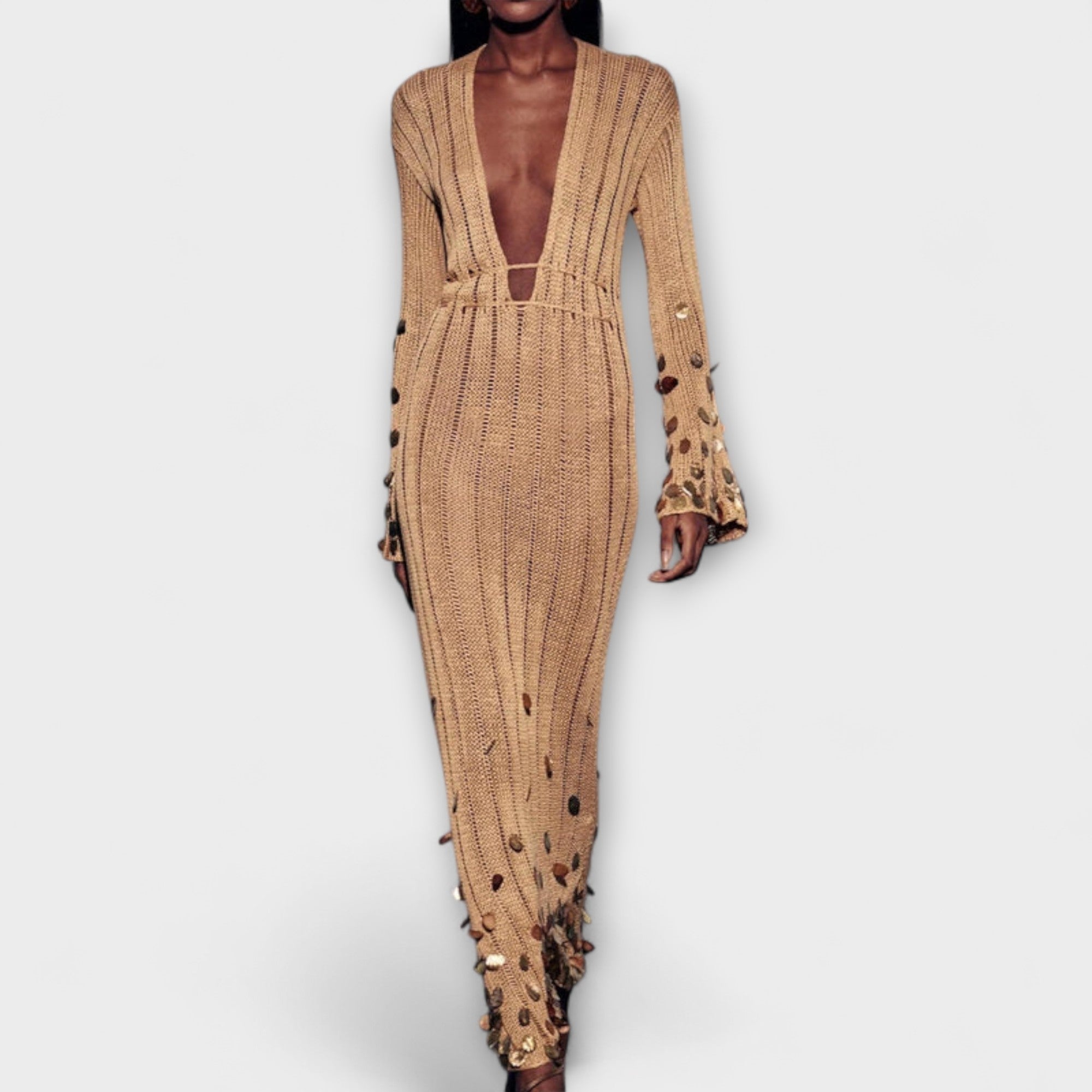 Vestido Maxi de Tricô Dourado da Dolly