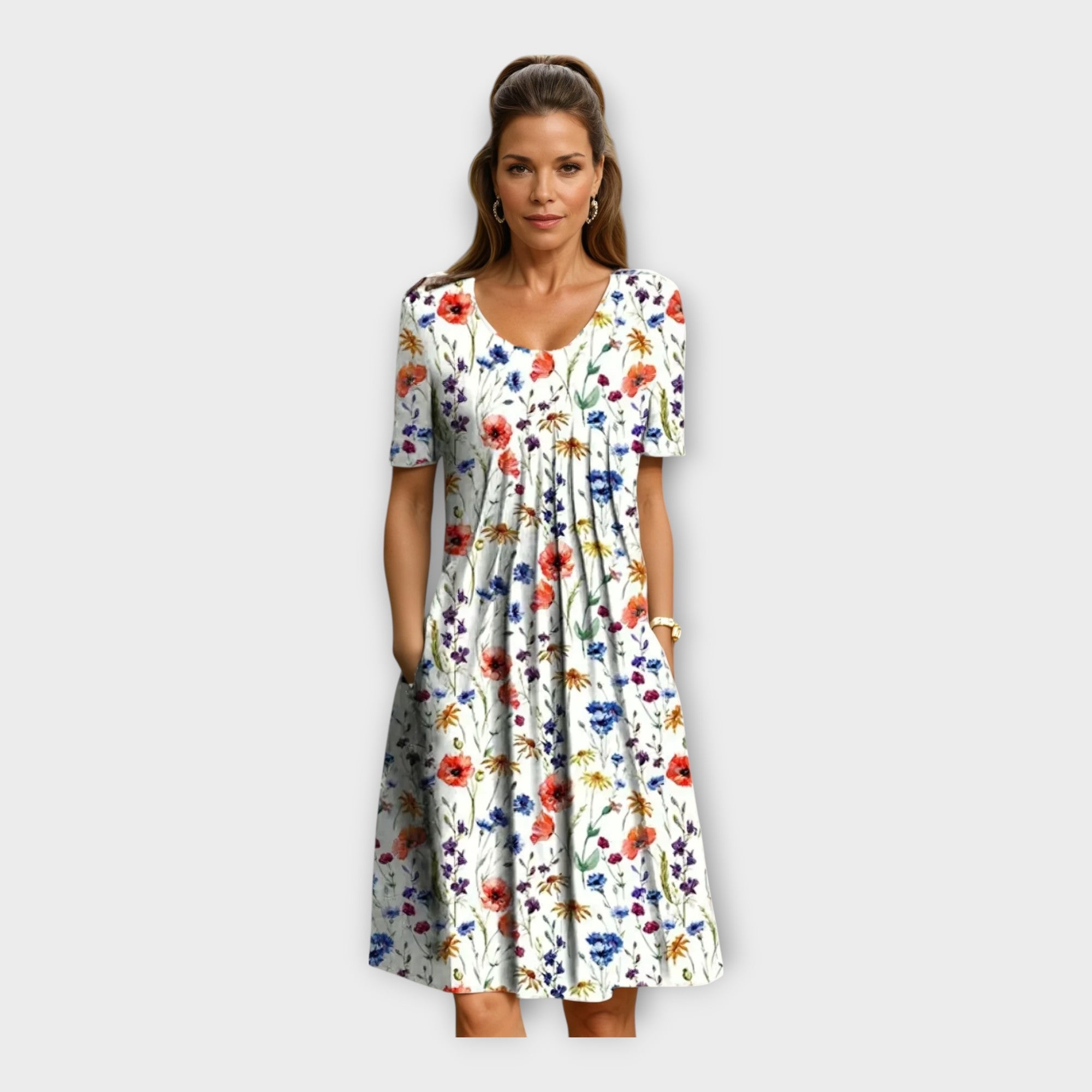 Vestido com Estampa Floral e Manga Curta