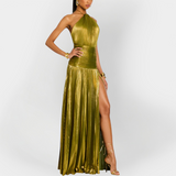 Vestido Longo de Metal com Elástico no Pescoço e Fenda