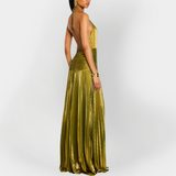 Vestido Longo de Metal com Elástico no Pescoço e Fenda
