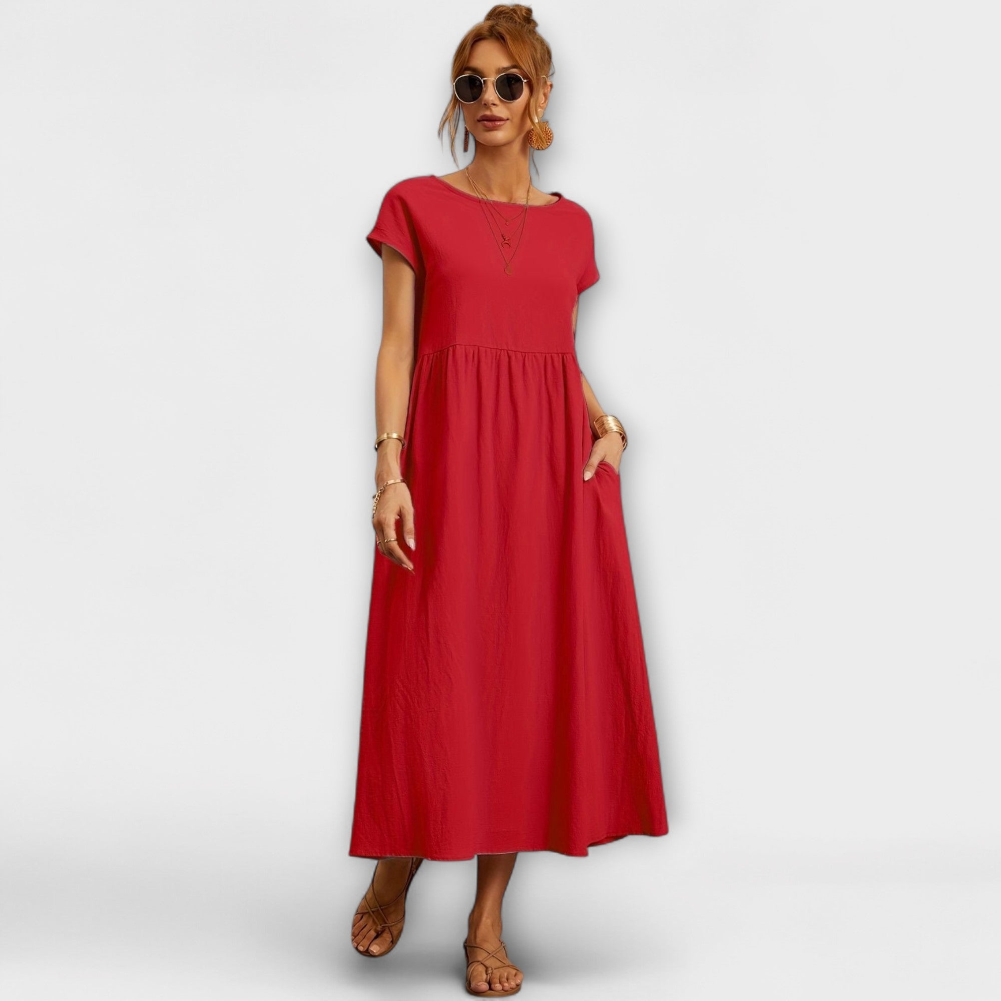 Vestido Midi de Linha Simples com Bolsos Laterais
