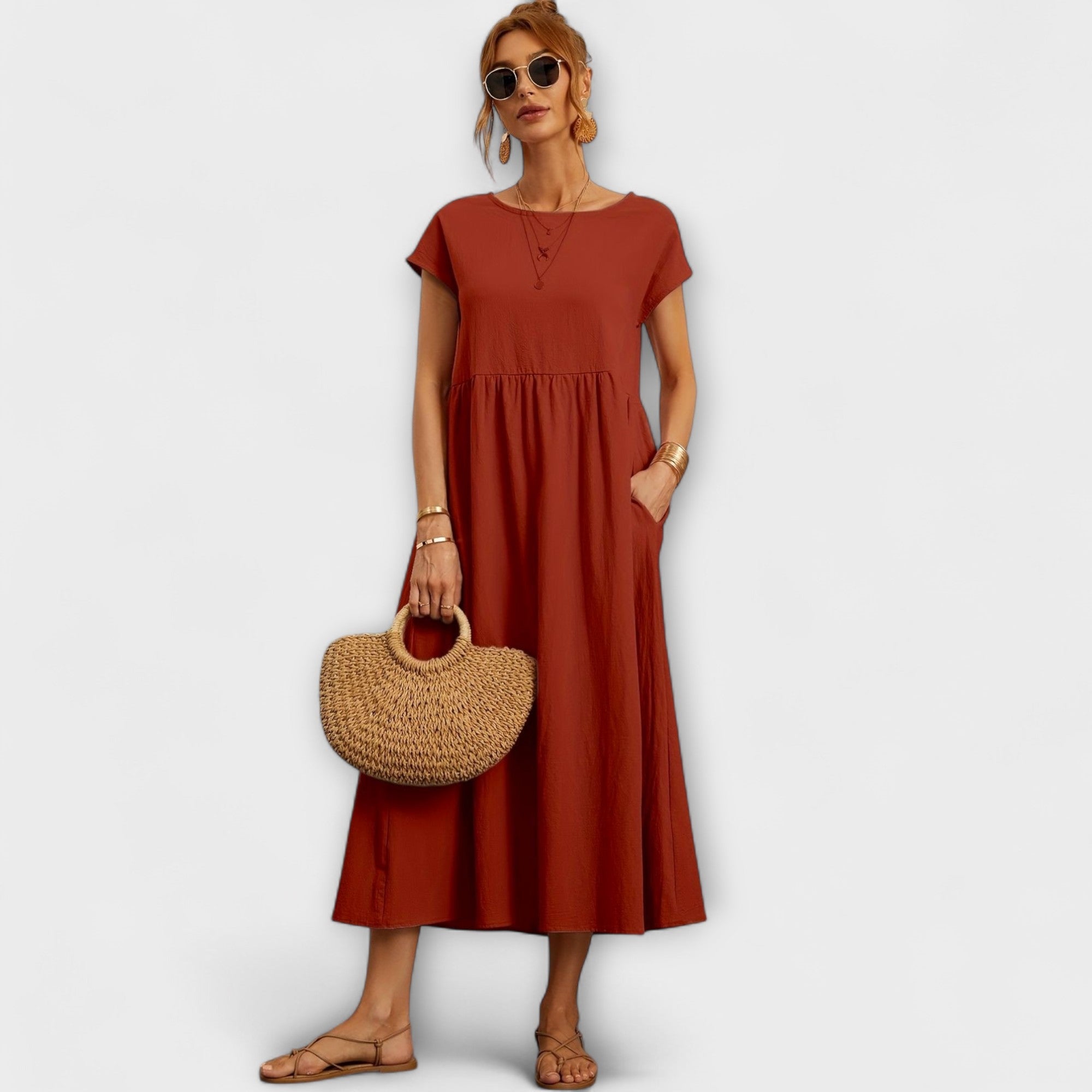 Vestido Midi de Linha Simples com Bolsos Laterais