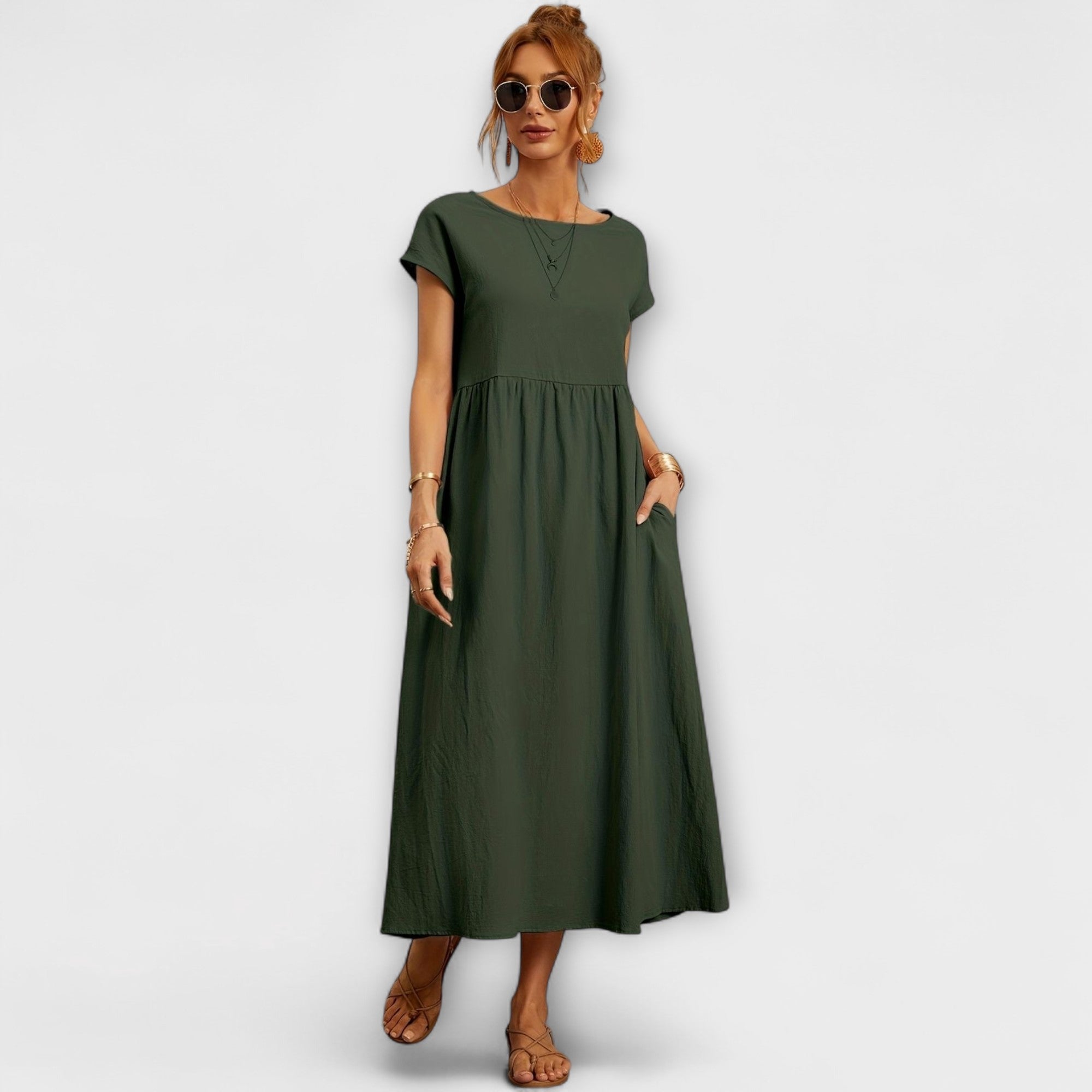 Vestido Midi de Linha Simples com Bolsos Laterais