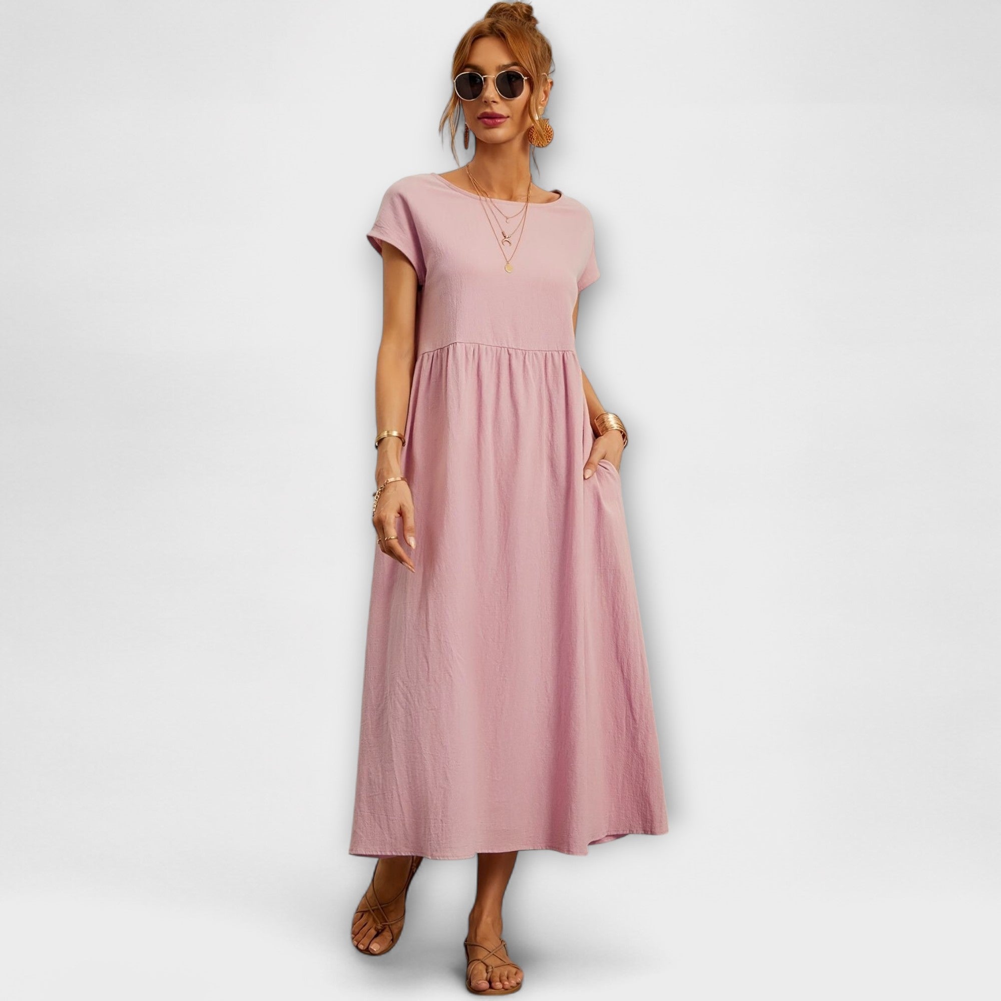 Vestido Midi de Linha Simples com Bolsos Laterais