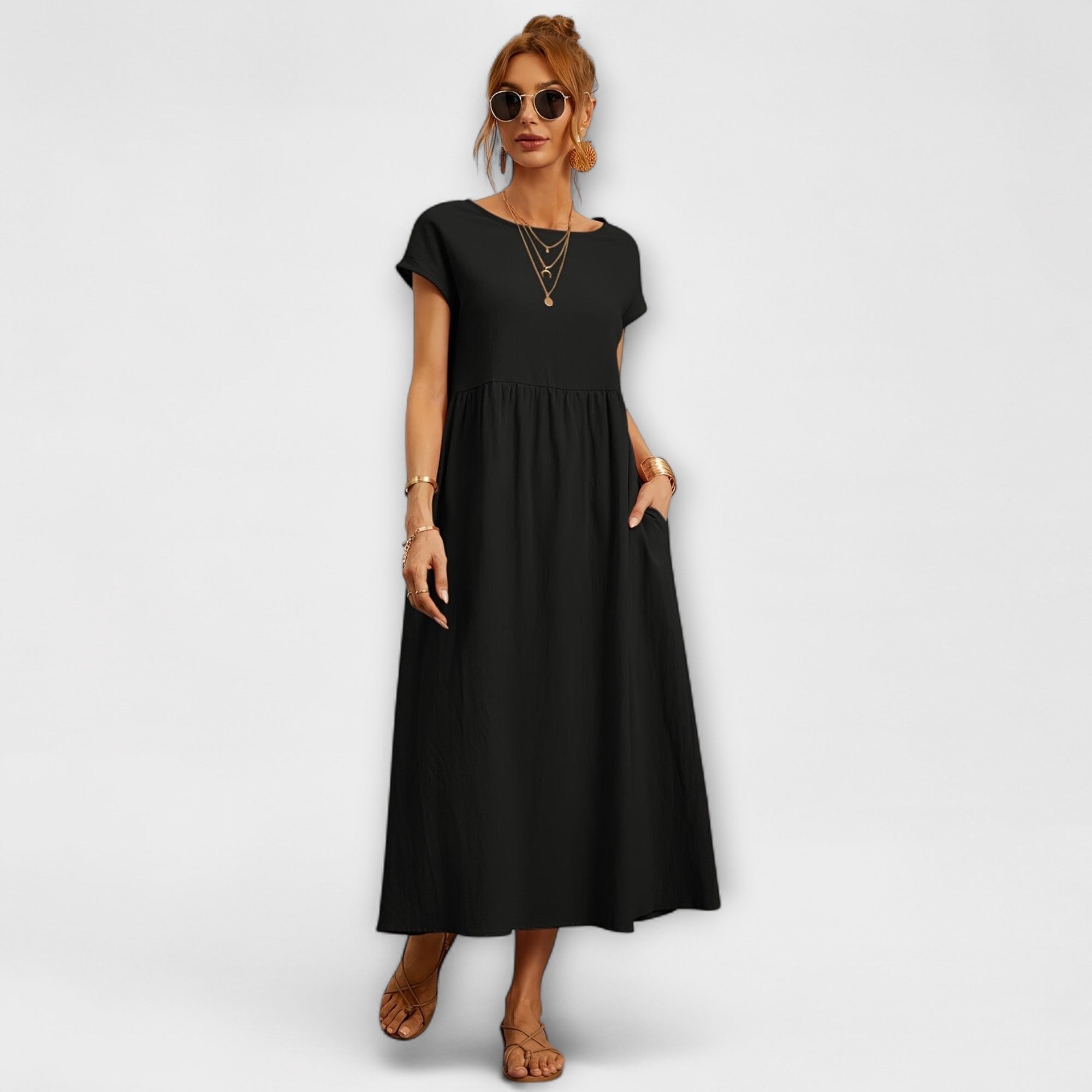 Vestido Midi de Linha Simples com Bolsos Laterais