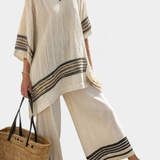 Conjunto Mediterrâneo Daisy de linho de bambu com elegadas listras vermelhas e verdes