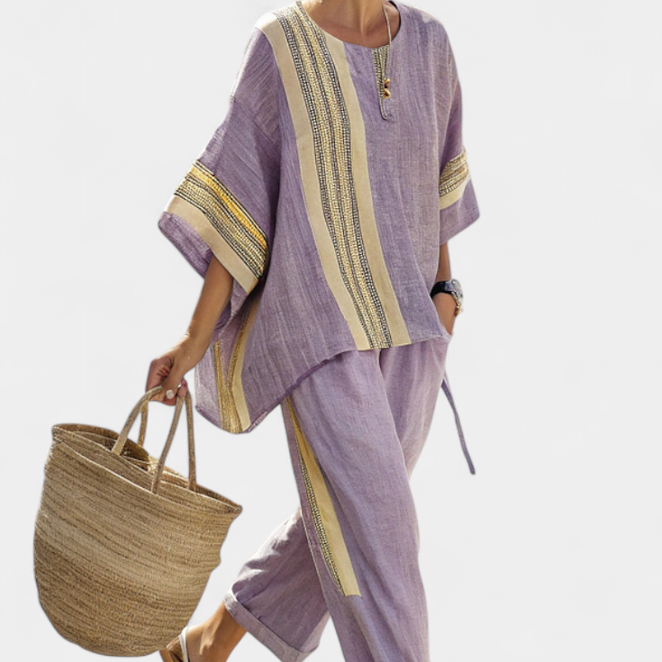 Conjunto de linho de bambu com lavanda encantadora e detalhes em risca amarela