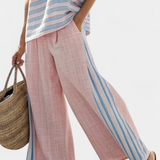 Conjunto de linho de bambu Daisy Mediterrâneo em rosa suave com elegoas listras azuis