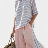 Conjunto de linho de bambu Daisy Mediterrâneo em rosa suave com elegoas listras azuis