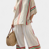 Conjunto do Mediterrâneo Daisy de linho de bambu com listras elegantes vermelhas e verdes