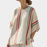 Conjunto do Mediterrâneo Daisy de linho de bambu com listras elegantes vermelhas e verdes