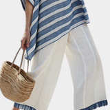 Conjunto Mediterrâneo Elegante de Linho com Listras Azuis e Calções com Barra para um Look Fresco e Sofisticado