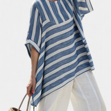 Conjunto Mediterrâneo Elegante de Linho com Listras Azuis e Calções com Barra para um Look Fresco e Sofisticado