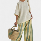 Conjunto de linho de bambu Daisy Mediterrâneo com listras de azeitona para um estilo renovado e elegante