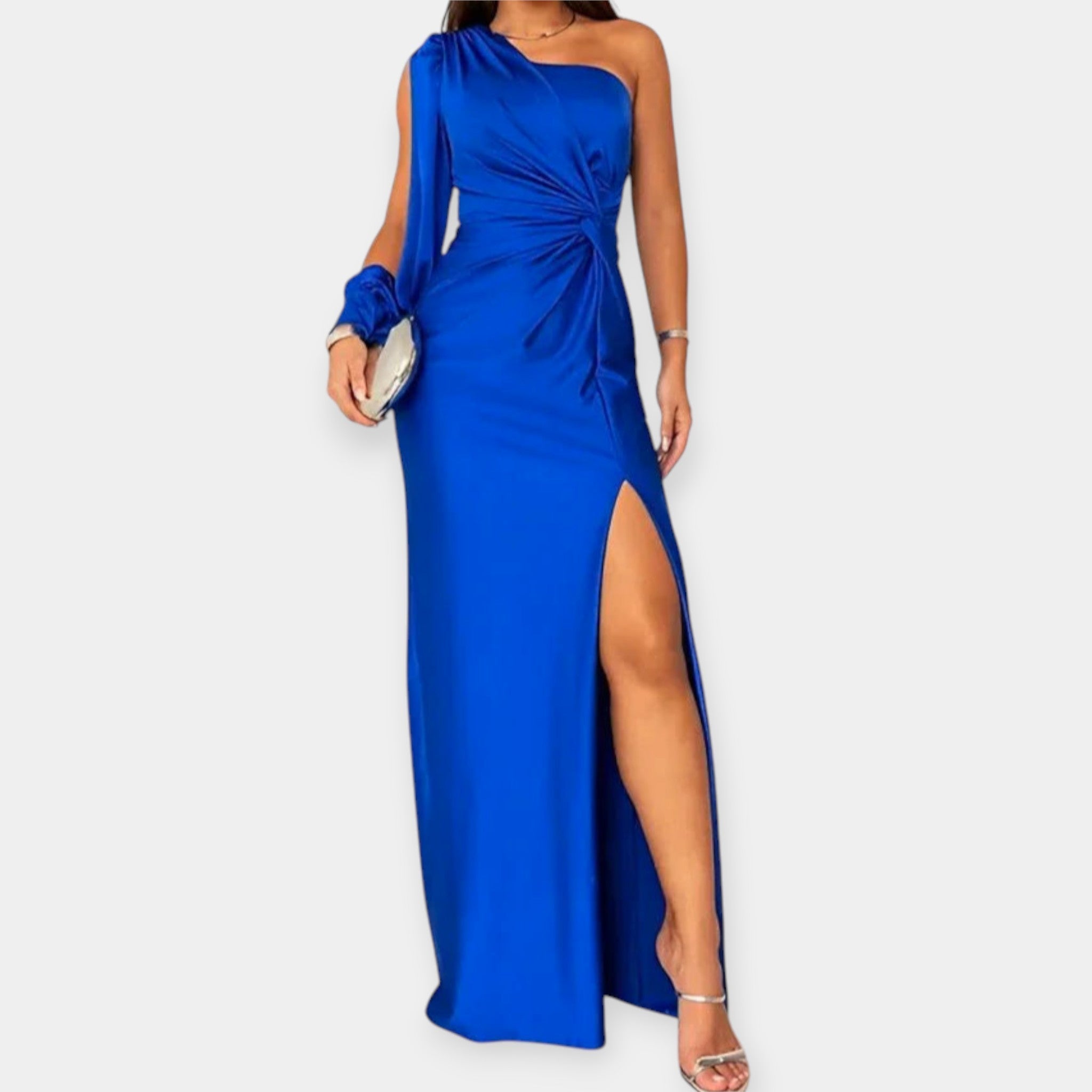 Vestido Máxi com Ombro Assimétrico e Fenda