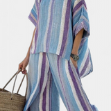 Conjunto Elegante de Listras Daisy em Tons de Malva e Azul Claro para um Visual Sofisticado