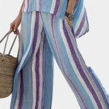 Conjunto Elegante de Listras Daisy em Tons de Malva e Azul Claro para um Visual Sofisticado