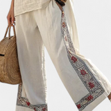 Conjunto Mediterrâneo Daisy de linho de bambu com faixas elegantes vermelhas e verdes