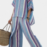 Conjunto Elegante de Listras Daisy em Tons de Malva e Azul Claro para um Visual Sofisticado
